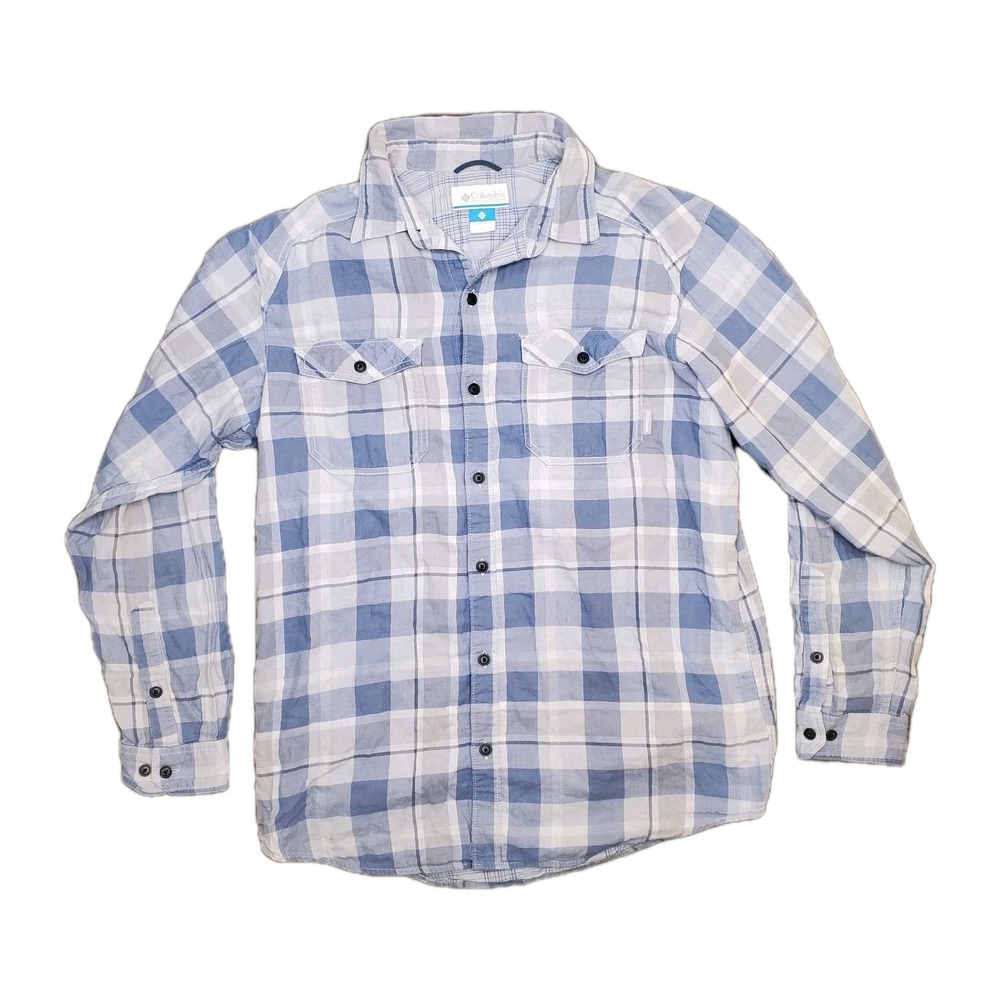 Columbia Men's Long Sleeve Button Down Shirt Gray & Blue Plaid Soft Cotton Large